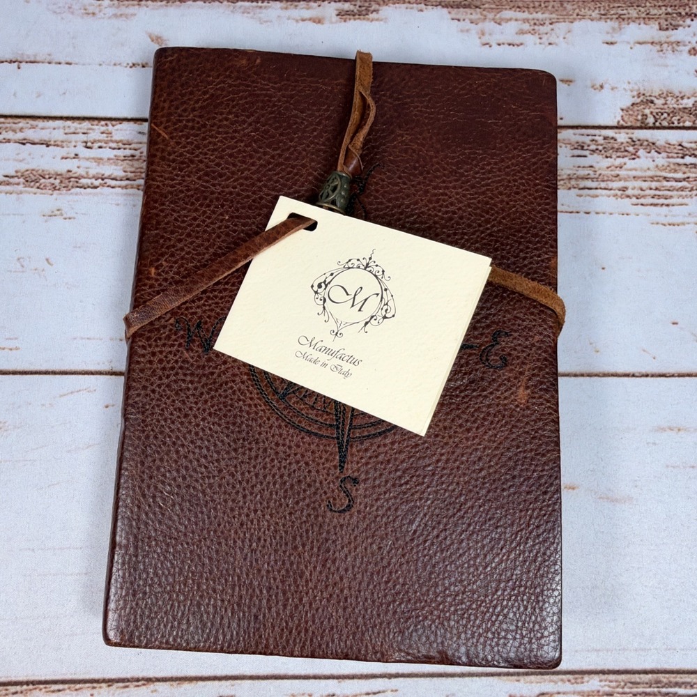 Manufactus Italy Leather Journal Vintage Dark Brown Compass Wrap Notebook 6x9